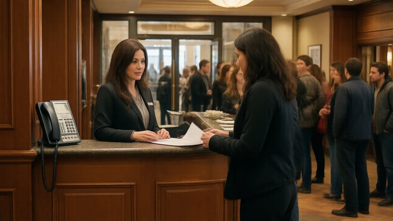 Restaurant host stand with a ringing desk phone while the host assists a line of waiting guests in a busy entryway