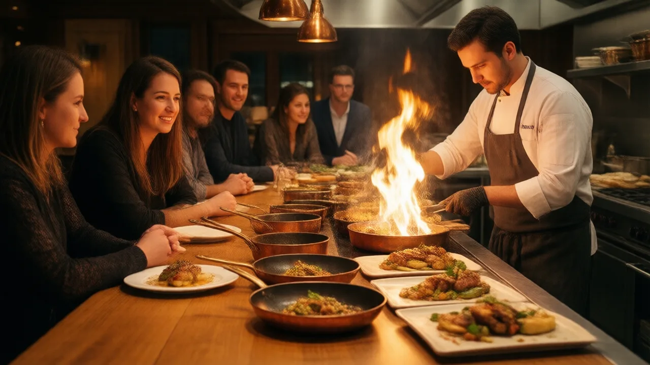 Guests seated at a chef's counter watching a cook finish a plated dish over an open flame in a warmly lit open kitchen