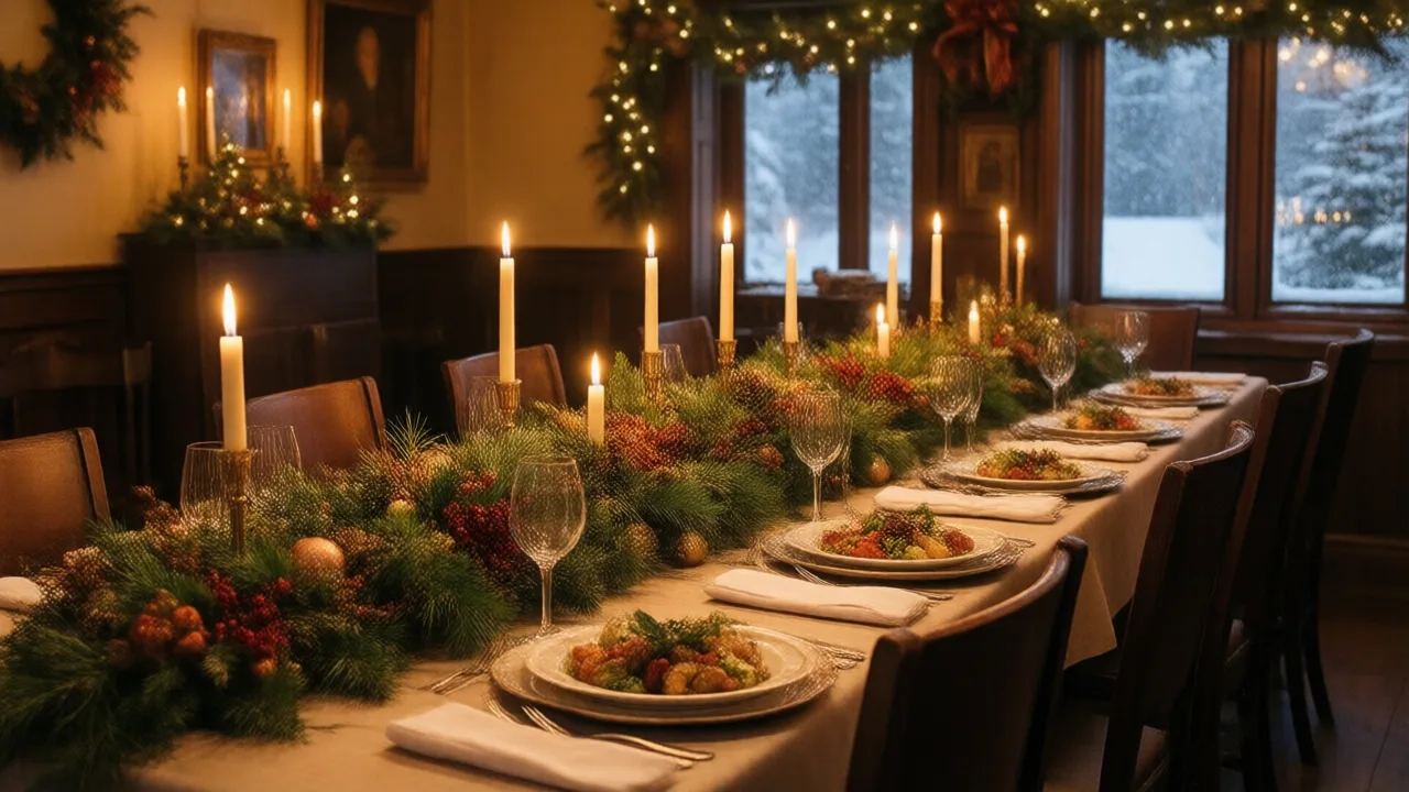 Warmly decorated restaurant dining room set for a holiday dinner with seasonal greenery, candles and snow visible through the window