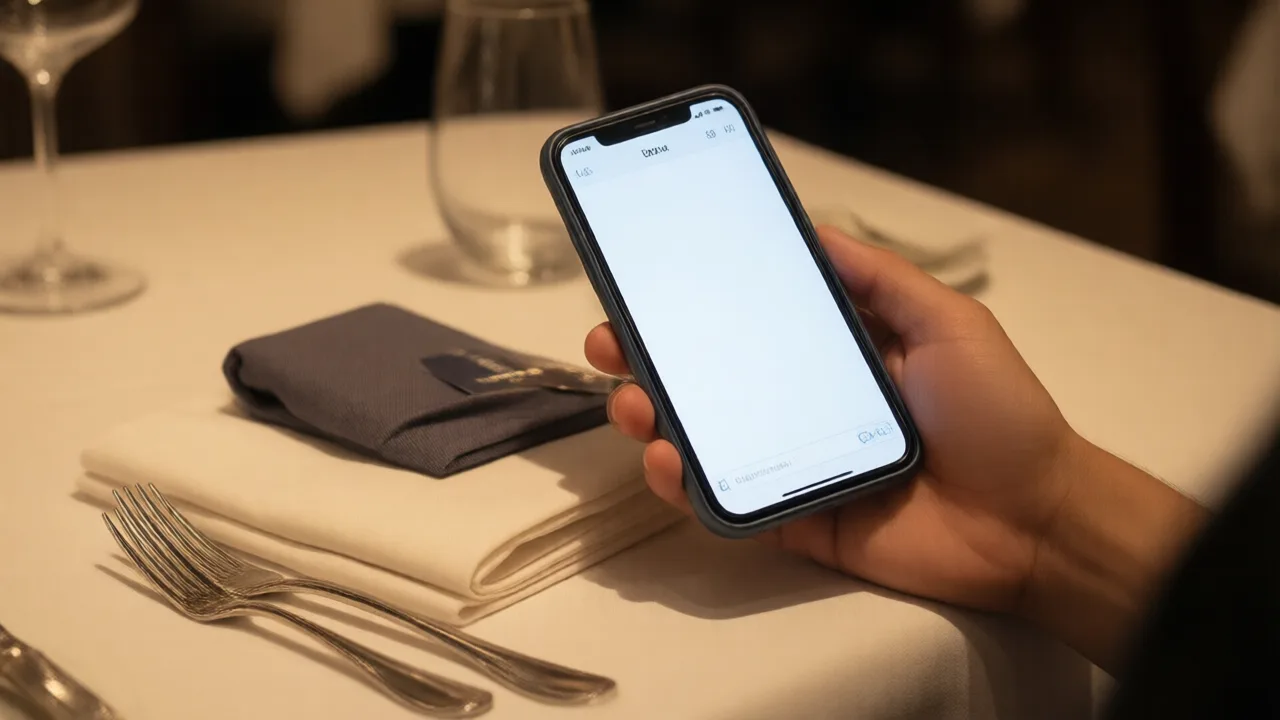 Hand holding a smartphone beside a set restaurant table with a folded napkin and reserved place setting under soft warm lighting