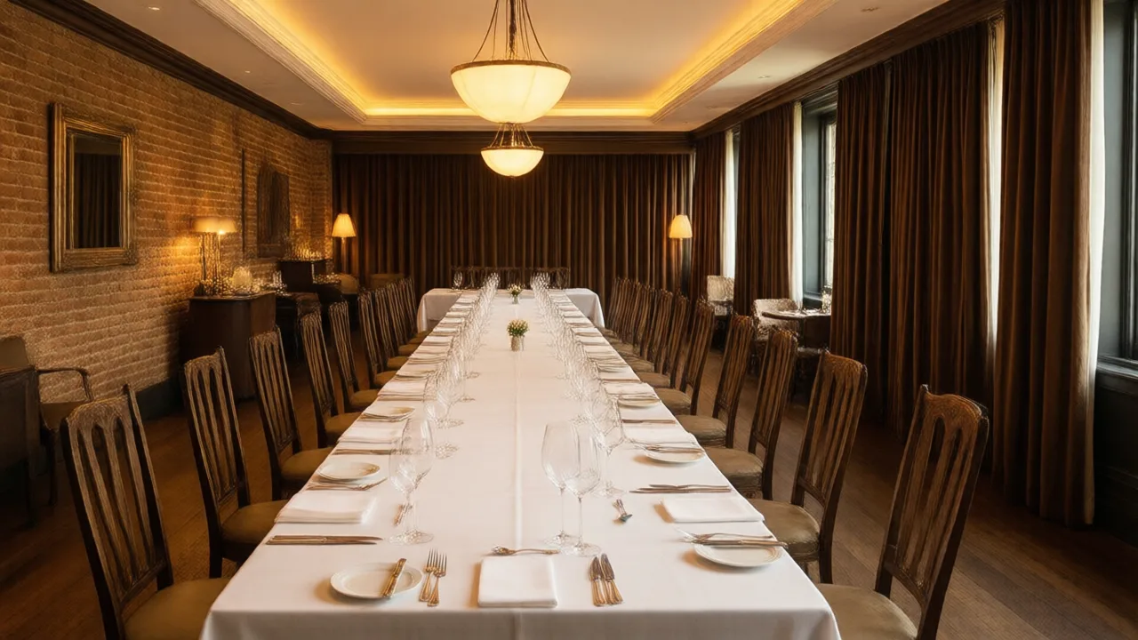 An elegant enclosed private dining room in an upscale restaurant, set for a formal party with white linens, wine glasses, and warm pendant lighting, ready for guests