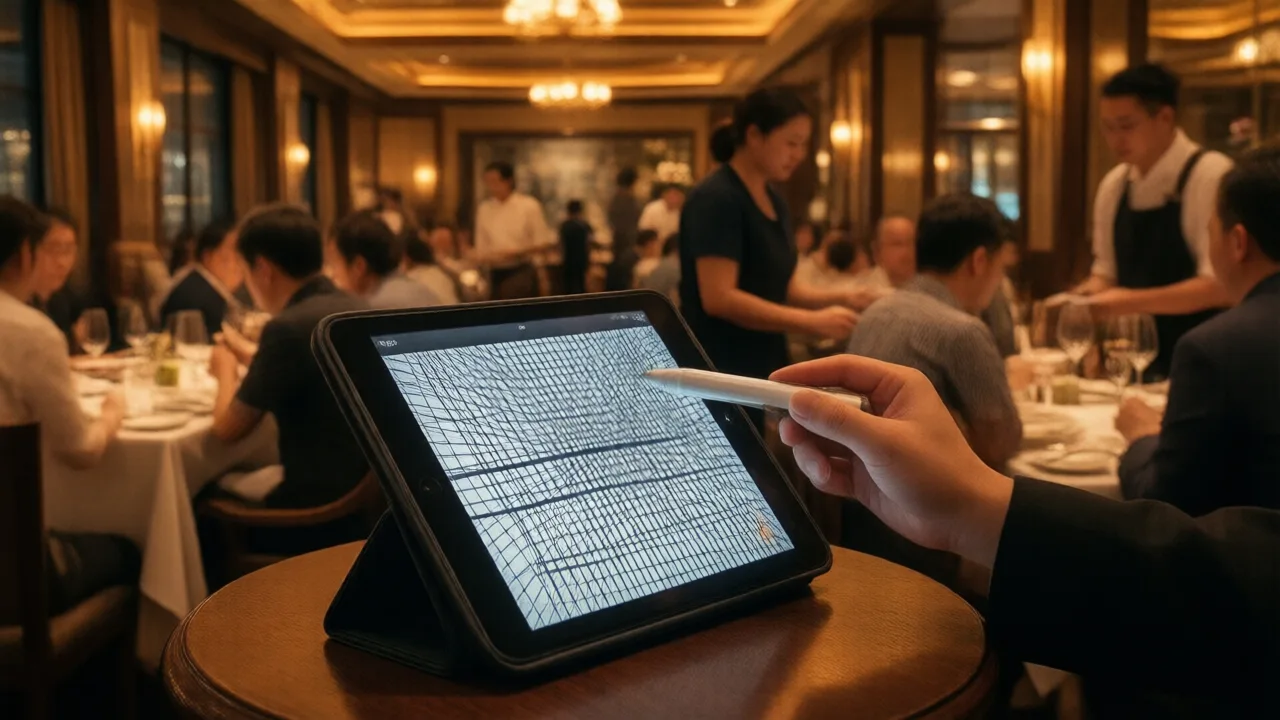 Host at a restaurant host stand reviewing a table grid on a tablet while scanning a full dining room during peak evening service